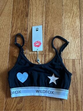 RARE Classic Wildfox Black Crop Bralette with White Heart & Star Sports Bra